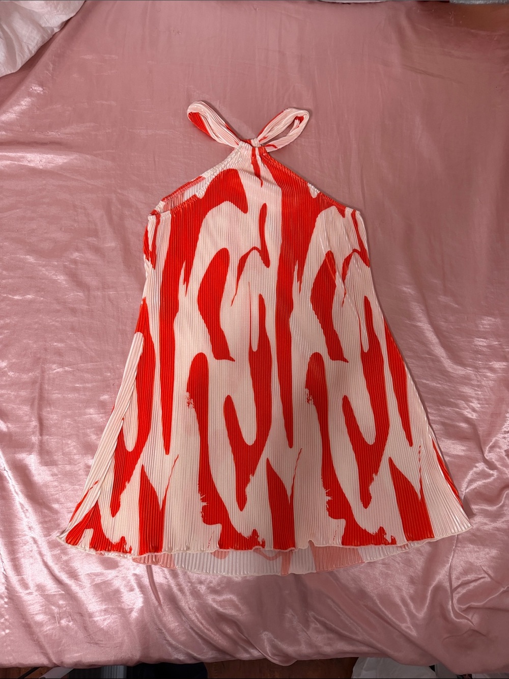 Orange and White Halter Pleated Mini Dress